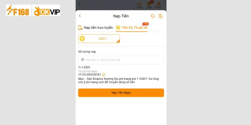 Chi tiết các bước nạp tiền F168